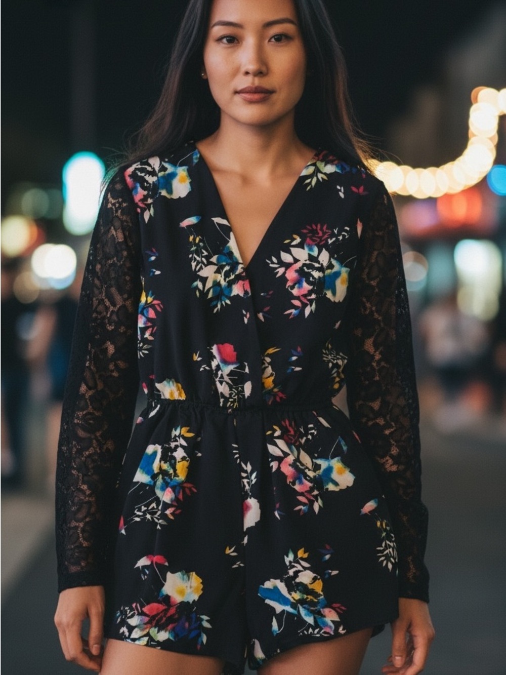 Xhilaration Black Floral Wrap Romper with Lace Accent